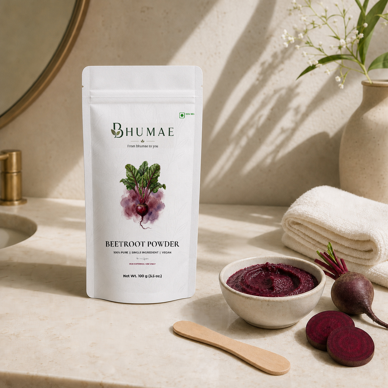 Beetroot Powder styled in a calm self-care setting